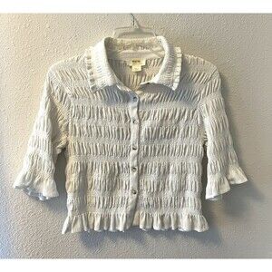 Anthropologie Maeve Women's Blouse Small Smocked Button Front Top Ivory Stretch